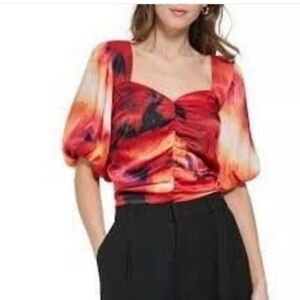 DKNY Red and Orange Asymmetrical Dolman Sleeve Blouse